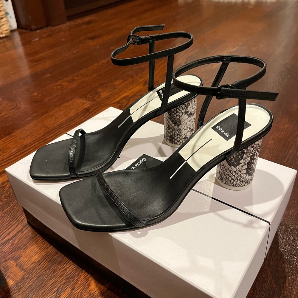 Dolce Vita Black Strappy Heels with Snakeskin Block Heel